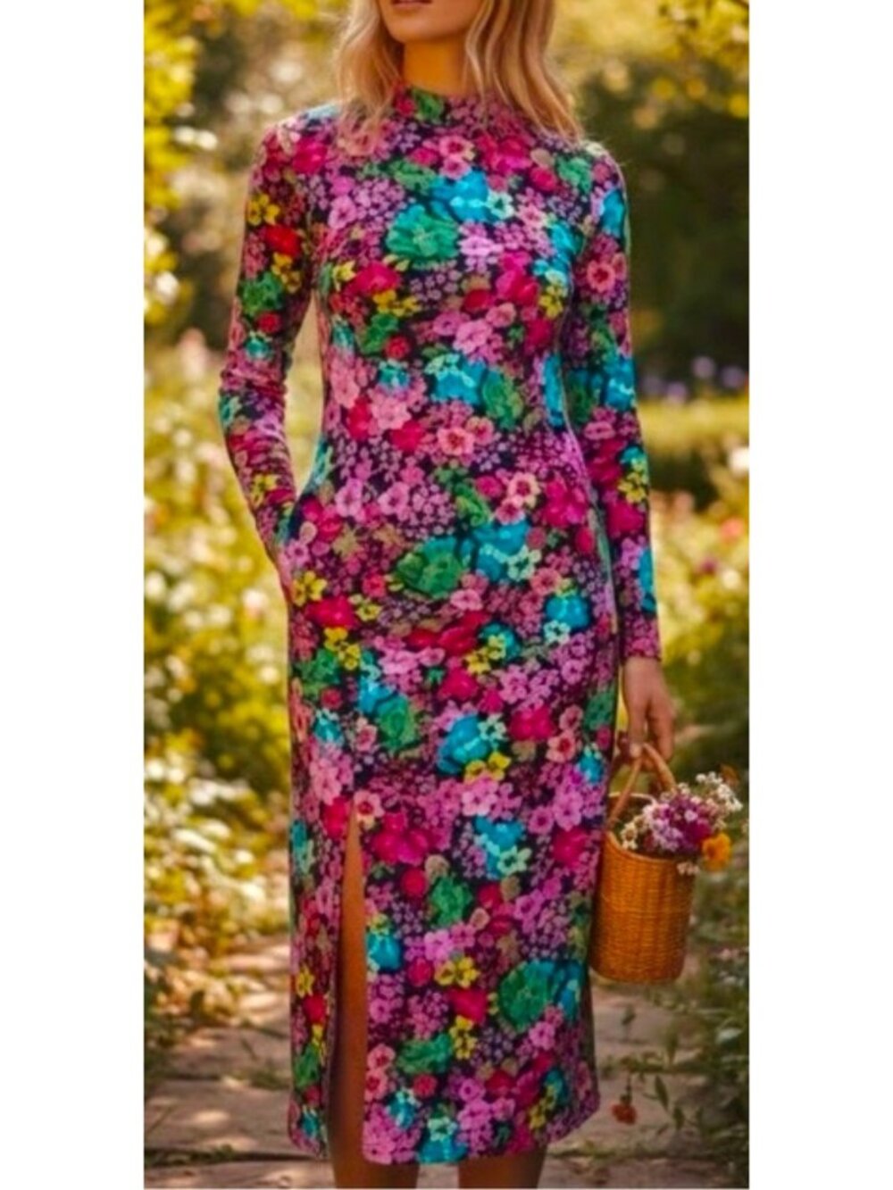 Future Collective 3X Floral Bodycon Midi Dress Long Sleeve Mock Neck Rushed Slit